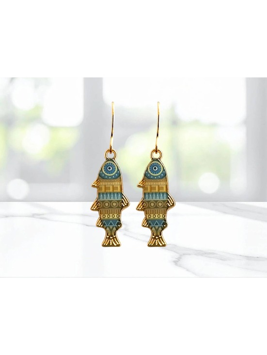 Jewelry - Gold and Blue Patterned Fish Hook Dangle Earrings